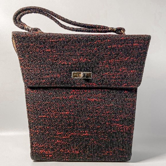 1960s Vintage Black Red Tweed Weave Medium Size Handbag Purse - Picture 1 of 14